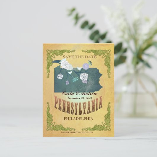 パステルイエロー素敵な鳥と日付マップを保存 案内ポストカード (スタンド正面)