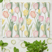 パステルイエロー&ピンクチューリップ キッチンタオル (折り畳み)