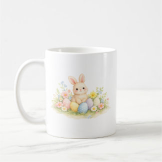 パステルイースターうさぎとイースター卵と春の花の水彩画 コーヒーマグカップ