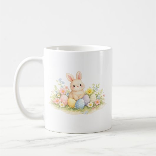 パステルイースターうさぎとイースター卵と春の花の水彩画 コーヒーマグカップ (左)
