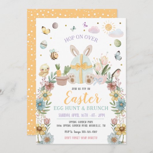 パステルイースターうさぎの卵の狩り 招待状 (正面/裏面)