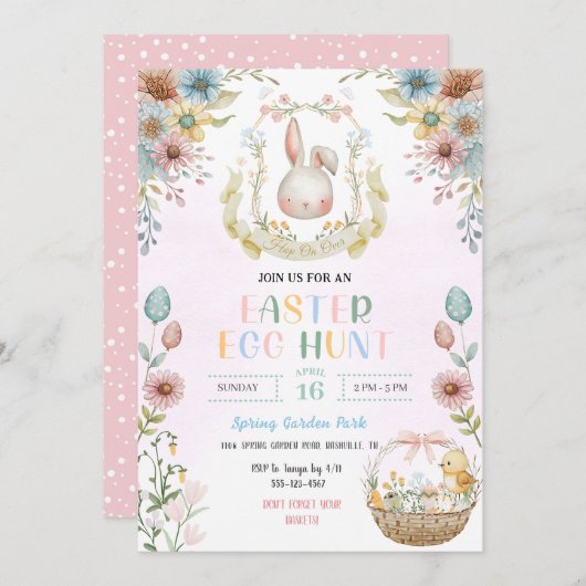 パステルイースターうさぎイースターエッグハント 招待状 (正面/裏面)