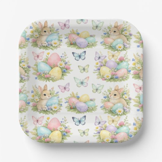 パステルイースターエッグ＆ウサギ 花＆蝶 ペーパープレート (正面)
