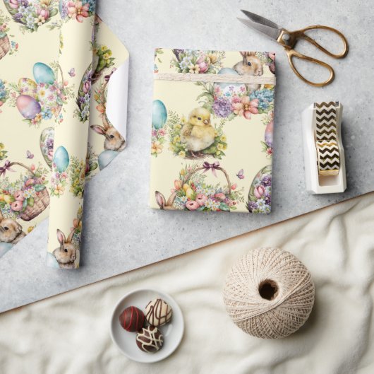 パステルイースターエッグ、バニー、シックフローライエロー ラッピングペーパー (クラフト)