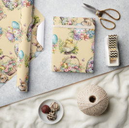 パステルイースターエッグ、バニー、シックフローラオレンジ ラッピングペーパー