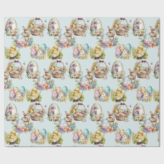 パステルイースターエッグ、バニー、シックフローラブルー ラッピングペーパー (フラット)