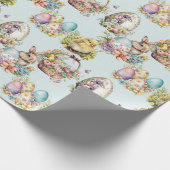 パステルイースターエッグ、バニー、シックフローラブルー ラッピングペーパー (角)