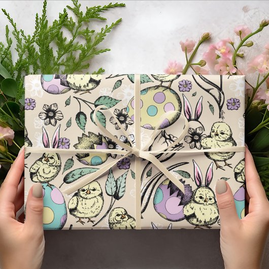 パステルイースターチックス&バニー耳、卵、花 ラッピングペーパー