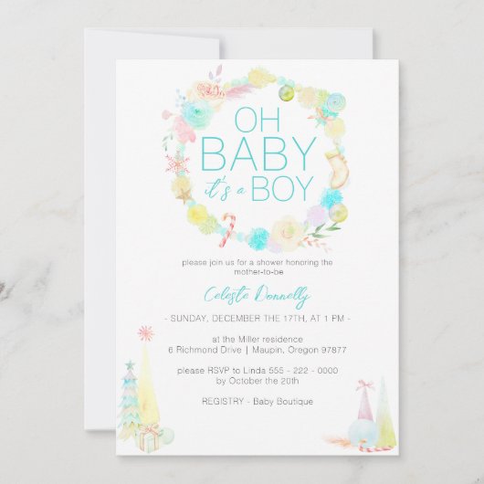 パステルウィンターワンダーランドオ男の赤ちゃんシャワー 招待状 (正面)
