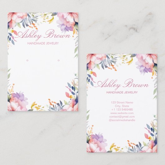 パステルウォータカラーフローラジュエリーイヤリングディスプレイ 名刺 (正面/裏面)