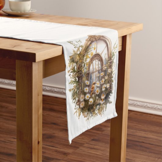 パステルウォーターカラーのワイルドフラワーを窓に ロングテーブルランナー (インサイチュ)