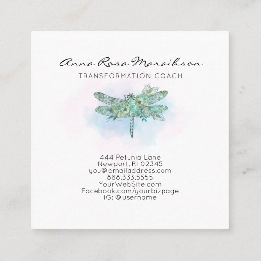 *～*パステルウォーターカラーアクアピンクドラゴンフライ  スクエア名刺 (裏面)