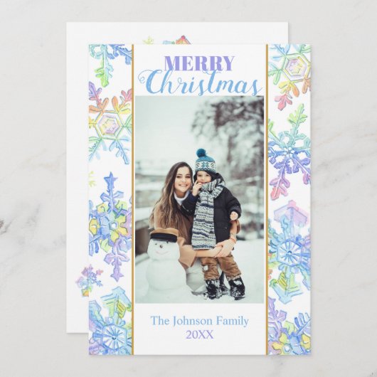 パステルウォーターカラーウィンタースノーフレーク写真クリスマス (正面/裏面)