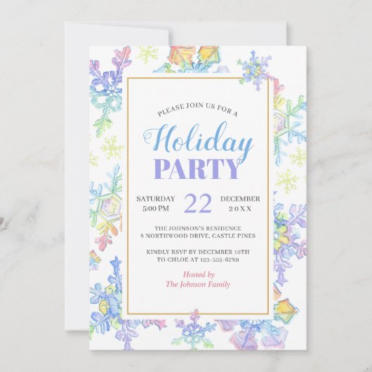 パステルウォーターカラーウィンタースノーフレーク |クリスマス 招待状 (正面)