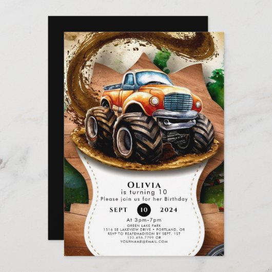 パステルウォーターカラーキッズモンスタートラック誕生日 招待状 (正面/裏面)