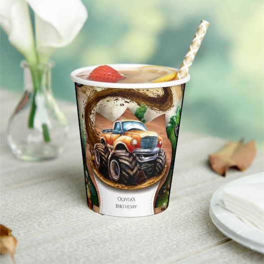 パステルウォーターカラーキッズモンスタートラック誕生日 紙コップ (インサイチュ)