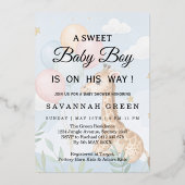 パステルウォーターカラーギザギザの赤ちゃん男の子の招待状 箔招待状 (正面)