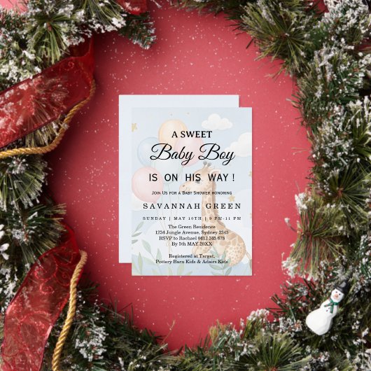 パステルウォーターカラーギザギザの赤ちゃん男の子の招待状 箔招待状 (インサイチュ)