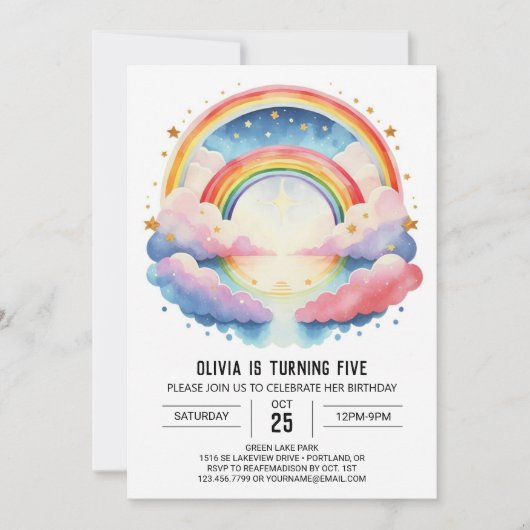 パステルウォーターカラークラウドガール誕生日 招待状 (正面)