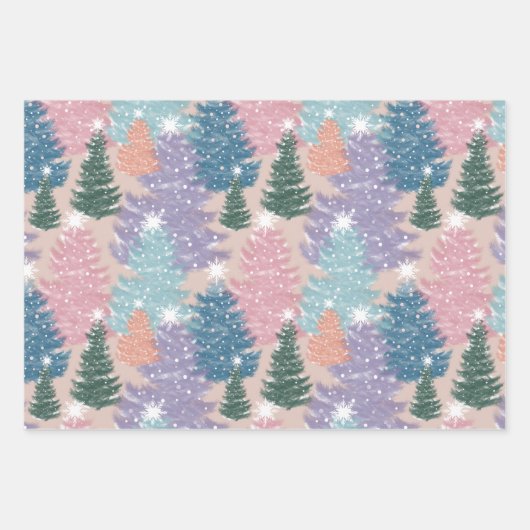 パステルウォーターカラークリスマスツリーフォレストスノーフレーク ラッピングペーパーシート (正面2)