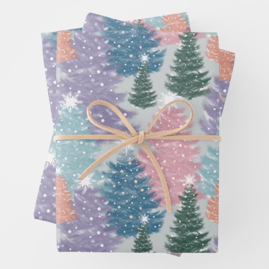 パステルウォーターカラークリスマスツリーフォレストスノーフレーク ラッピングペーパーシート (インサイチュ)
