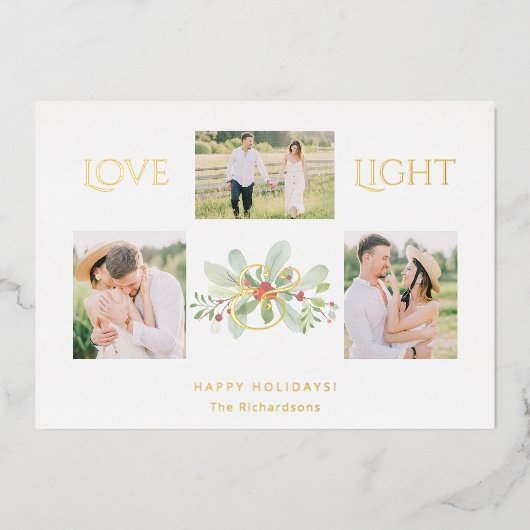 パステルウォーターカラークリスマスフローラ3 – 写真 箔シーズンカード (正面)