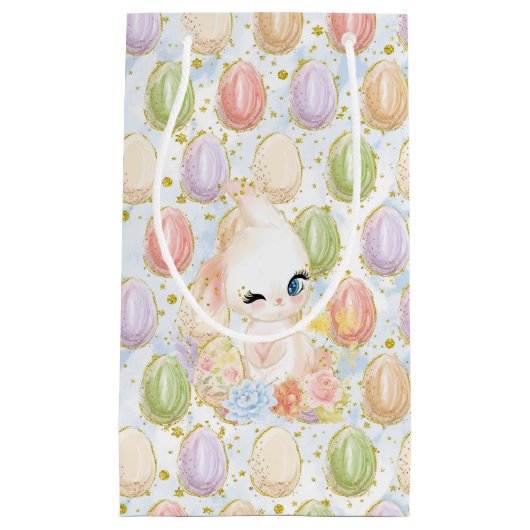 パステルウォーターカラーグリッタールックイースターバニー&エッグス スモールペーパーバッグ (正面)