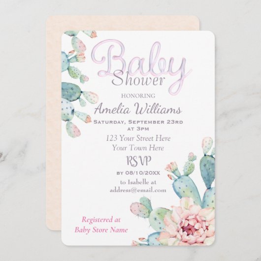 パステルウォーターカラーサクタスピンクベビーシャワー 招待状 (正面/裏面)