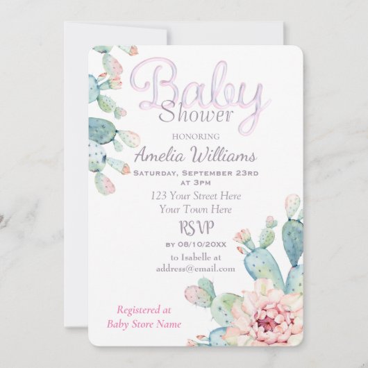 パステルウォーターカラーサクタスピンクベビーシャワー 招待状 (正面)