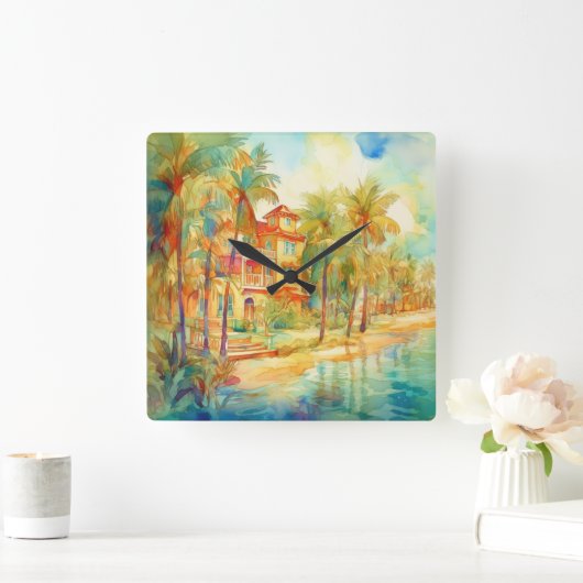 パステルウォーターカラーシーサイドハウスオンビーチ スクエア壁時計 (ホーム)