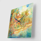 パステルウォーターカラーシーサイドハウスオンビーチ スクエア壁時計 (傾斜)