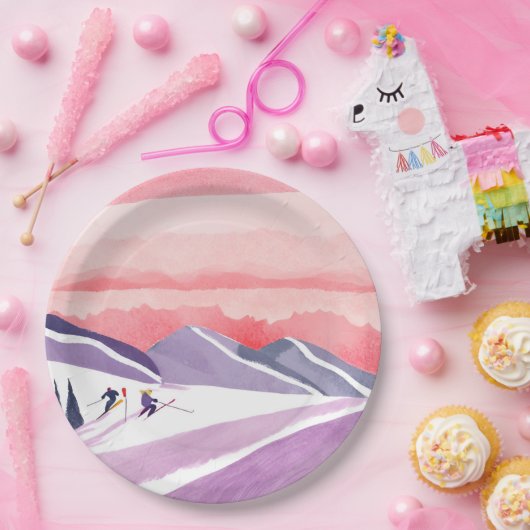 パステルウォーターカラースキーマウンテンサンセット ペーパープレート (パーティー)