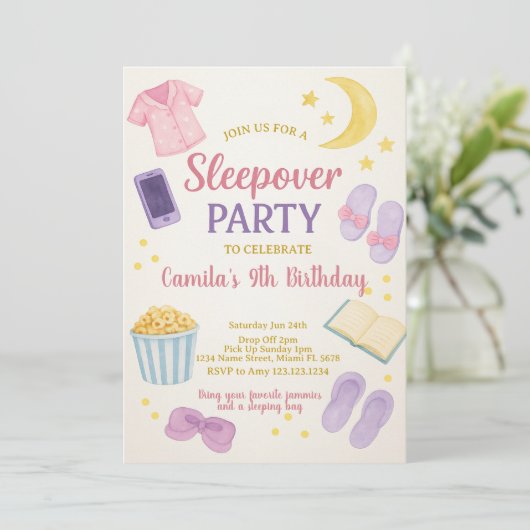 パステルウォーターカラースリープバー誕生日招待状 招待状 (スタンド正面)