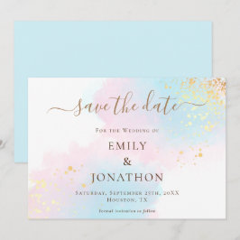 パステルウォーターカラーズピンク金ゴールドブルー結婚ズ セーブザデート