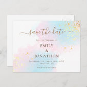 パステルウォーターカラーズブルー金ゴールドピンク日付を保存 案内ポストカード (正面/裏面)