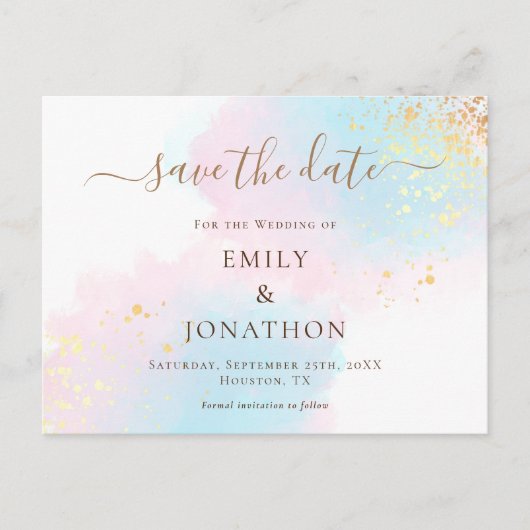 パステルウォーターカラーズブルー金ゴールドピンク日付を保存 案内ポストカード (正面)