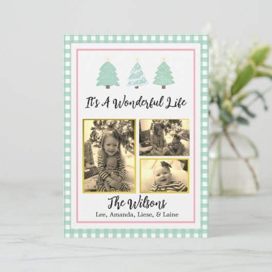 パステルウォーターカラーツリーズグリーンプレイドクリスマスカード 案内状 (スタンド正面)