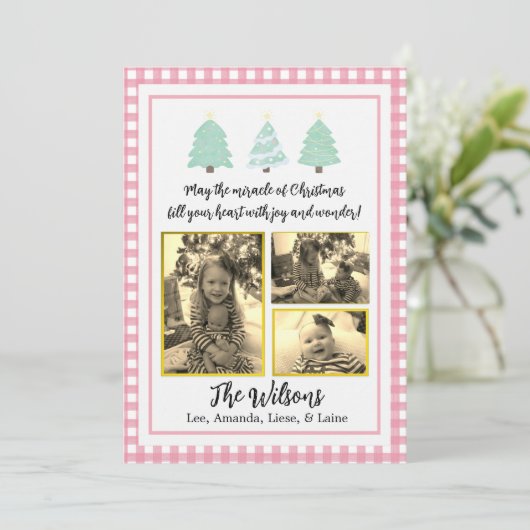 パステルウォーターカラーツリーズピンクプレイドクリスマスカード 案内状 (スタンド正面)