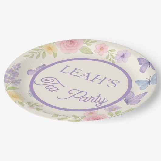 パステルウォーターカラーティーパーティーフローラ誕生日プレート ペーパープレート (アングル)