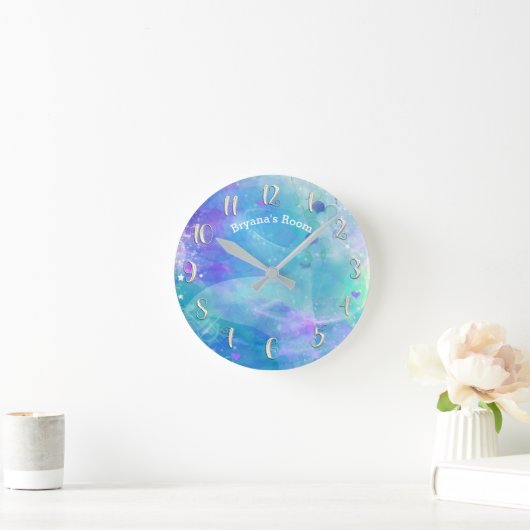 パステルウォーターカラーティール(緑がかった色)マーメイドテールパーソナライズされた ラウンド壁時計 (ホーム)