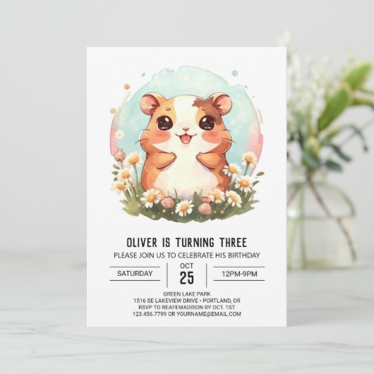 パステルウォーターカラーハムスター誕生日 招待状 (スタンド正面)