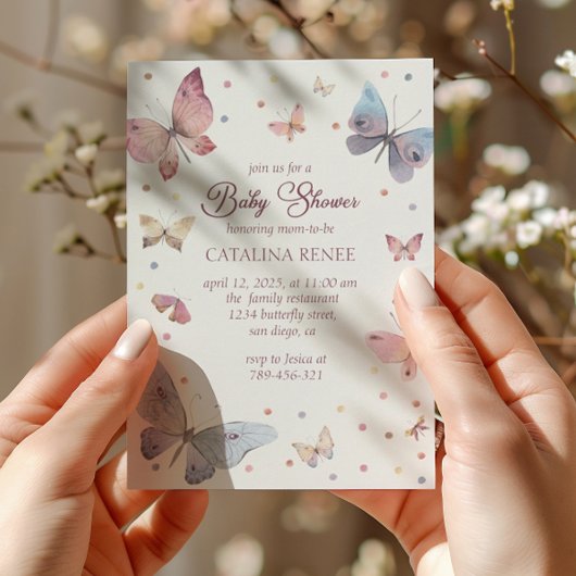 パステルウォーターカラーバタフライベビーシャワー 招待状