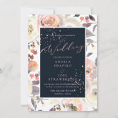 パステルウォーターカラーバラ、ピーチクリームネイビーブルー 招待状 (正面)