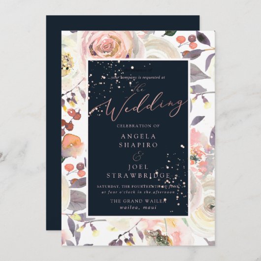パステルウォーターカラーバラ、ピーチクリームネイビーブルー 招待状 (正面/裏面)