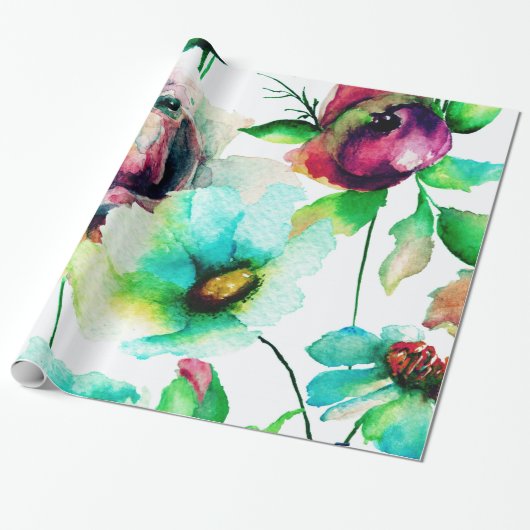 パステルウォーターカラーバラ&フラワーパターン ラッピングペーパー (アンロールド)