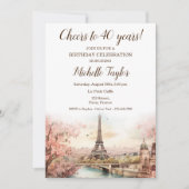 パステルウォーターカラーパリエッフェルタワー40。バースデー 招待状 (正面)