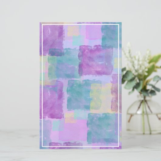 パステルウォーターカラーパープルブルーホワイト縁どフレーム 便箋 (スタンド正面)
