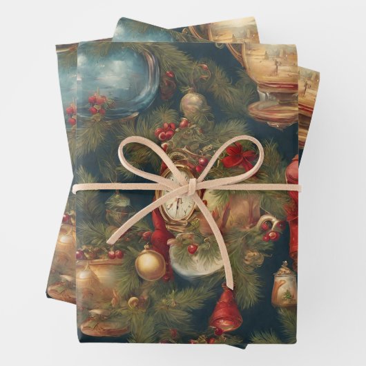 パステルウォーターカラービクトリアンクリスマスオーナメント ラッピングペーパーシート (インサイチュ)