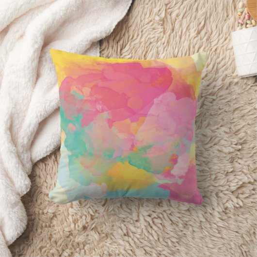 パステルウォーターカラーピンクイエローアクアデコール枕 クッション (ブランケット)