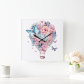 パステルウォーターカラーピンクブルーホットエアバルーン スクエア壁時計 (ホーム)
